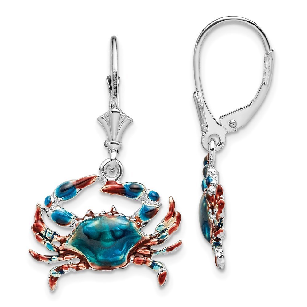 Million Charms 925 Sterling Silver Silver Enameled Blue Crab Leverback Earrings